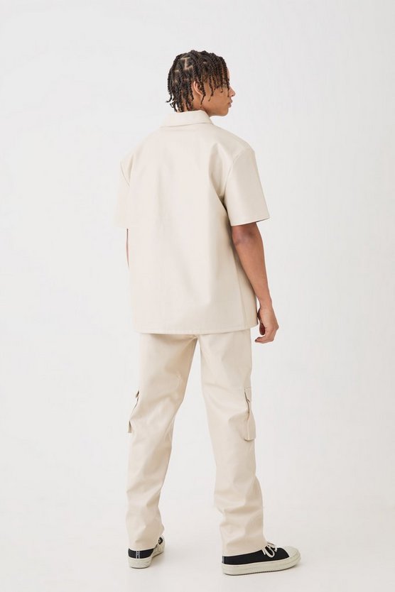 Short Sleeve Drop Shoulder Pu Overshirt & Cargo Trouser Set
