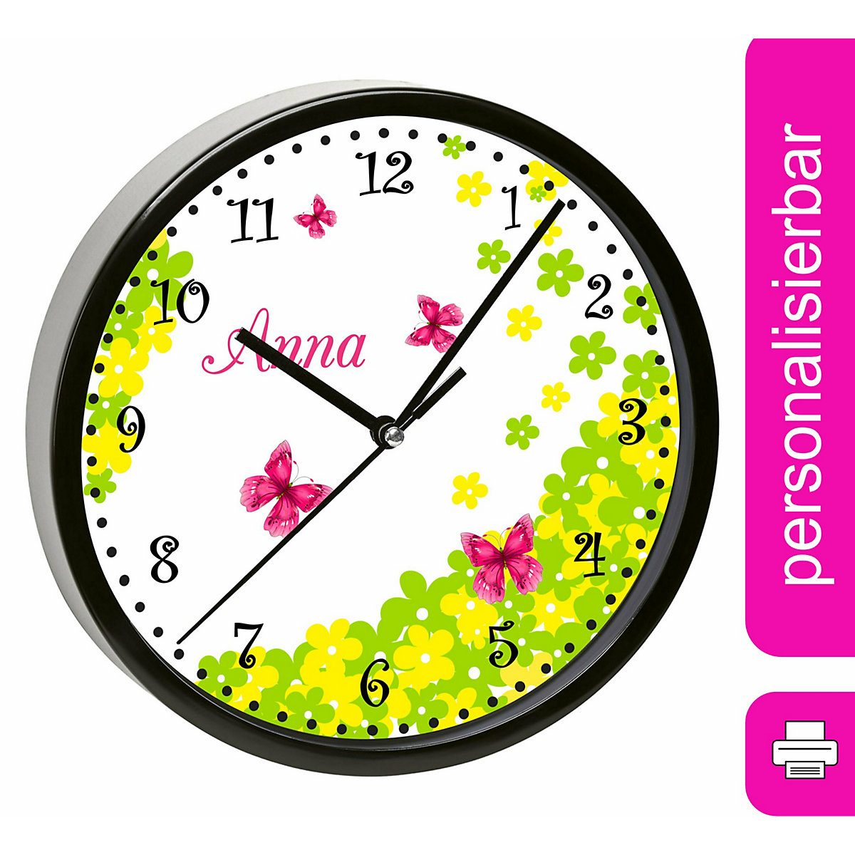 Kinder Wanduhr personalisiert mit Name Schmetterling Blume