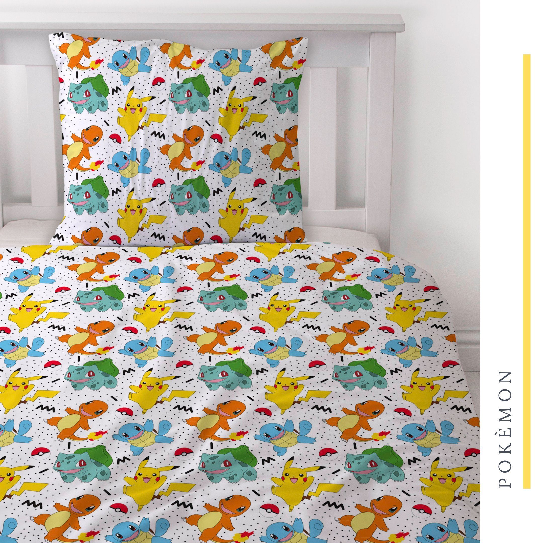 Bettwäsche Pokémon 135x200 + 80x80 cm, 100 % Baumwolle Biber oder Renforcé, MTOnlinehandel, Renforcé, 2 teilig, Pikachu & Friends Game für Kinder, Teenager, Jugend