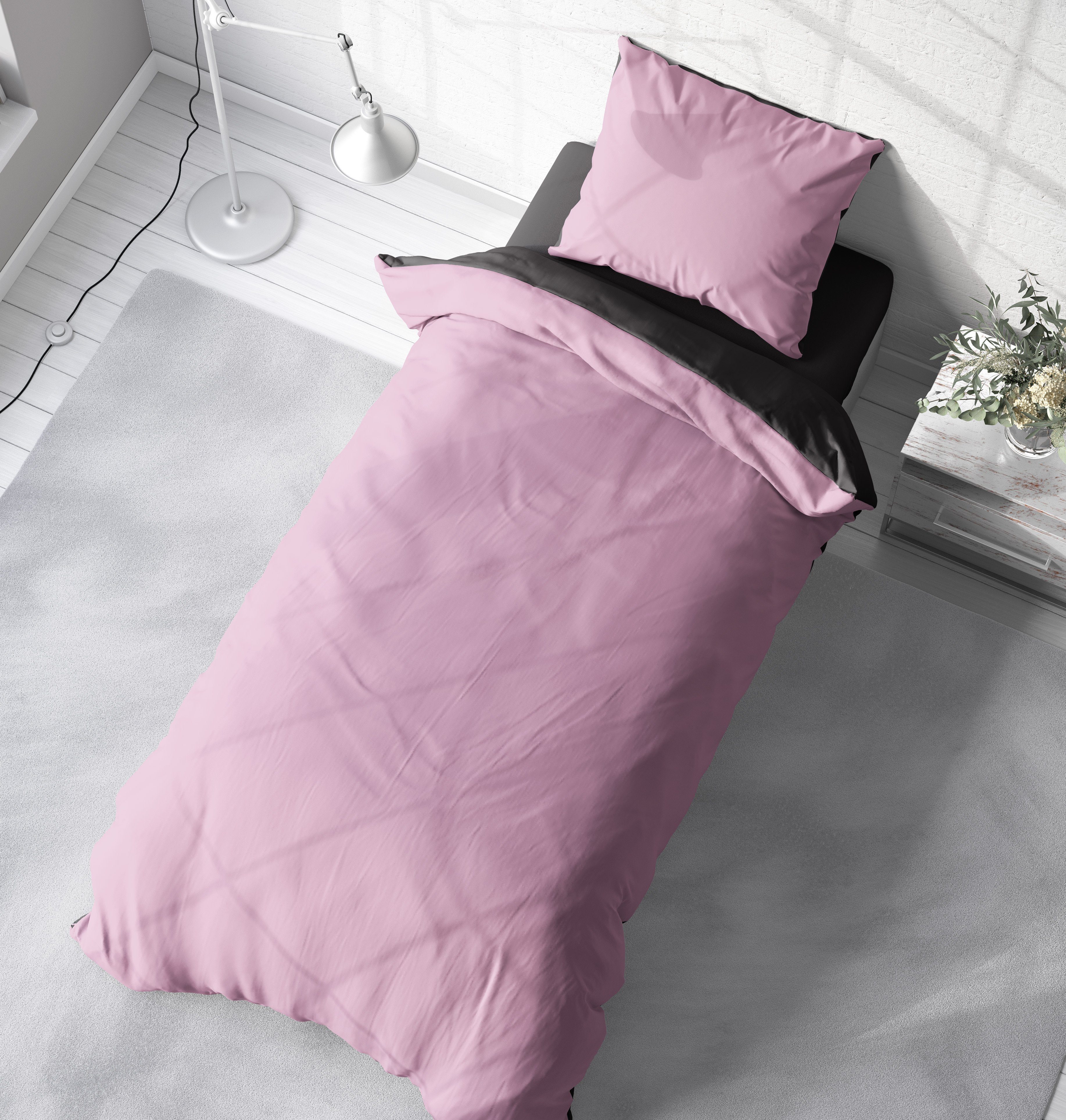 Wendebettwäsche Doubleface, One Home, Mikrofaser, 2 teilig, rosa / anthrazit, Normalgröße