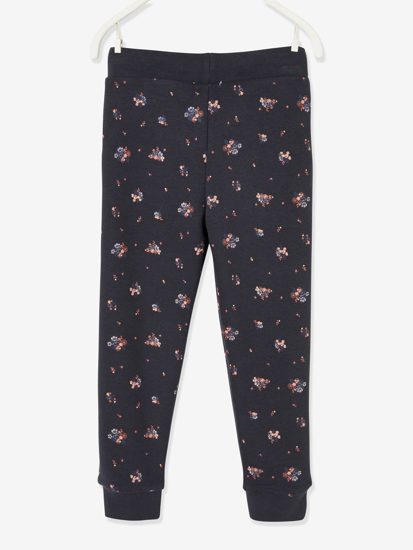 Pantalon jogging imprimé fleurs fille en molleton bleu foncé imprimé