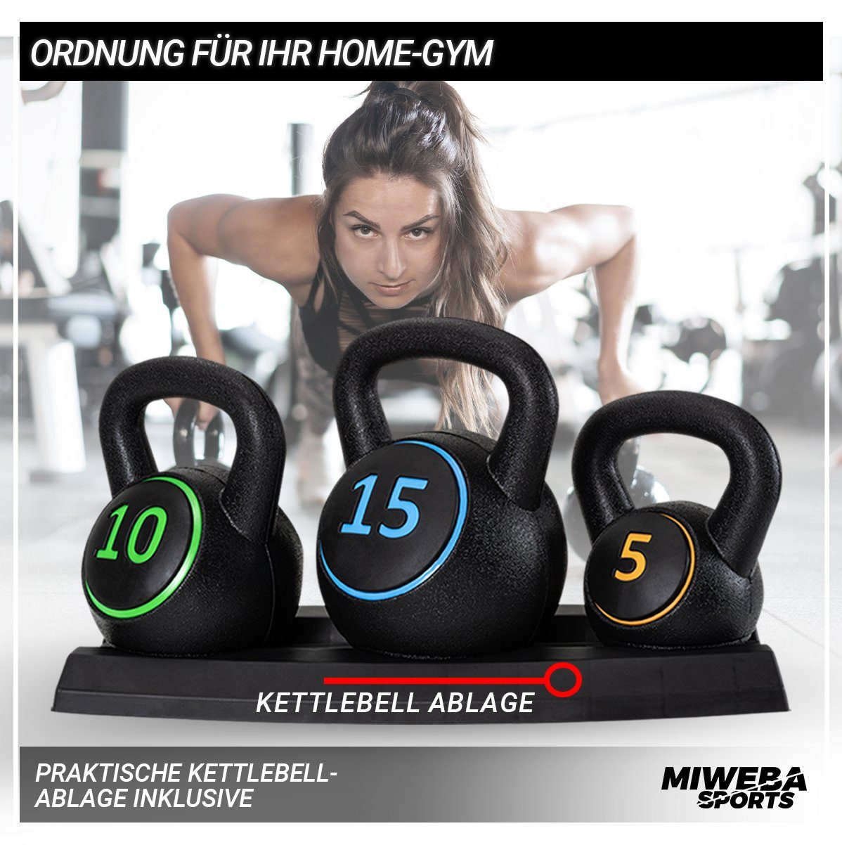 Miweba Sports Kettlebell Premium Kettlebell Set inkl. Ablage, 5/10/15 Lbs, (Schwunghantel - Hantelset Indoor & Outdoor - Krafttraining Workout Kugelgewicht Übungsseil, Total 13,8 Kg, 2.3/4.6/6.9Kg), Fitness Seil Kurzhantel Hanteln Gewichte Kugelhante