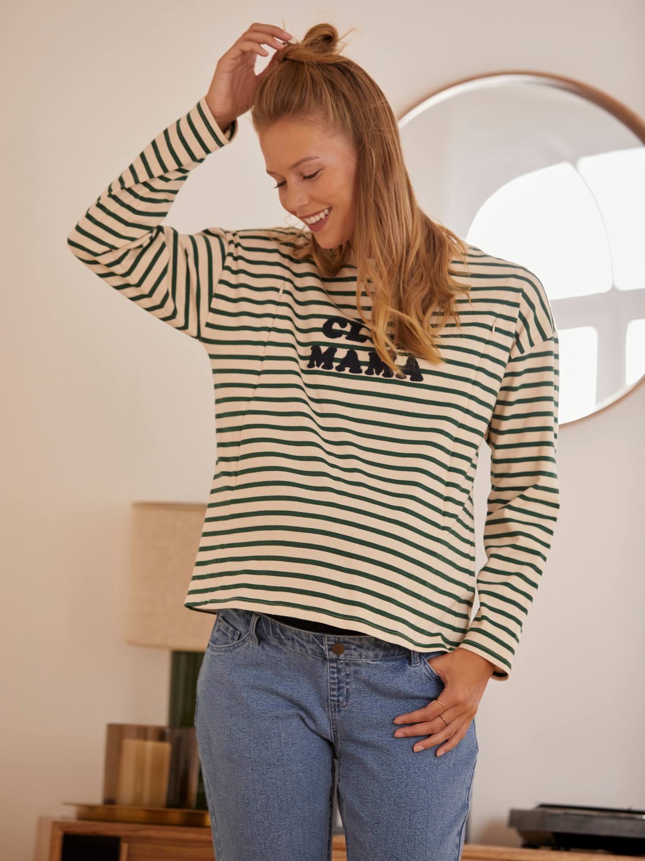 T-shirt marinière grossesse et allaitement vert rayé blanc