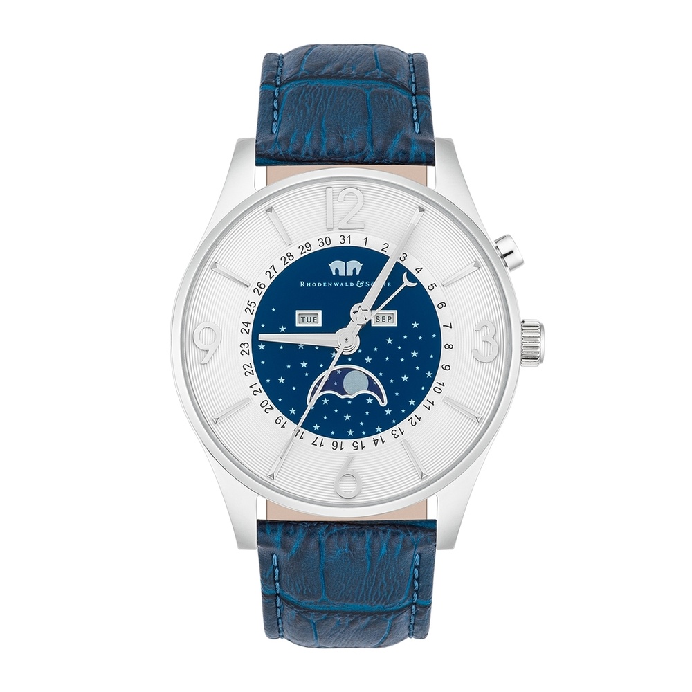Rhodenwald & Söhne Montre à quartz Moontime en Argent Cuir véritable en Bleu Montre