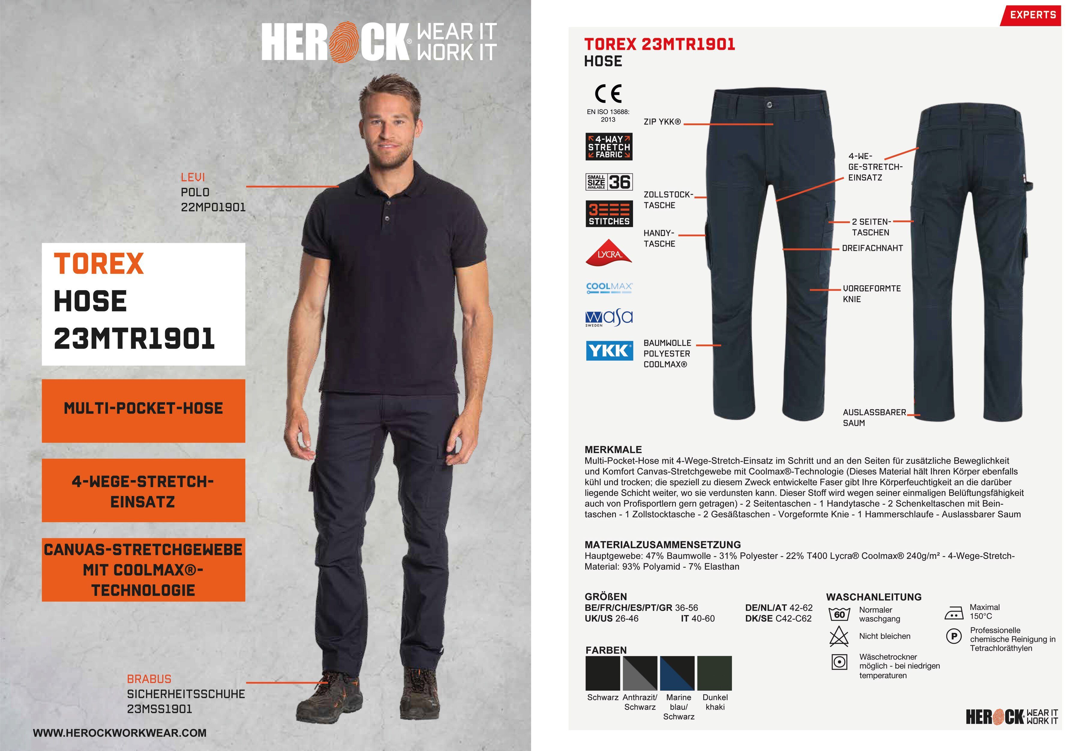 Herock Arbeitshose Torex Multi-Pocket, 4-Wege-Stretch, mit Coolmax®-Technologie