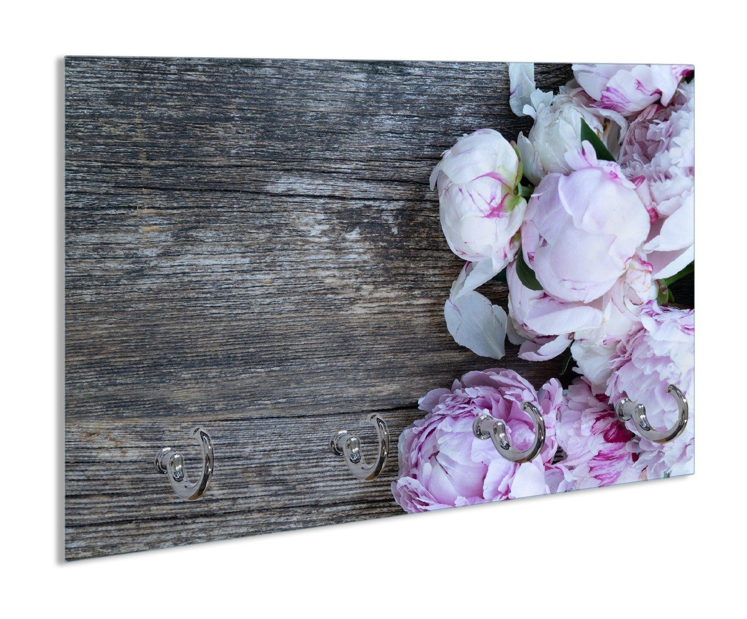 Wallario Schlüsselbrett Pinke Blumen auf Holz, (inkl. Aufhängeset), 30x20cm, aus ESG-Sicherheitsglas