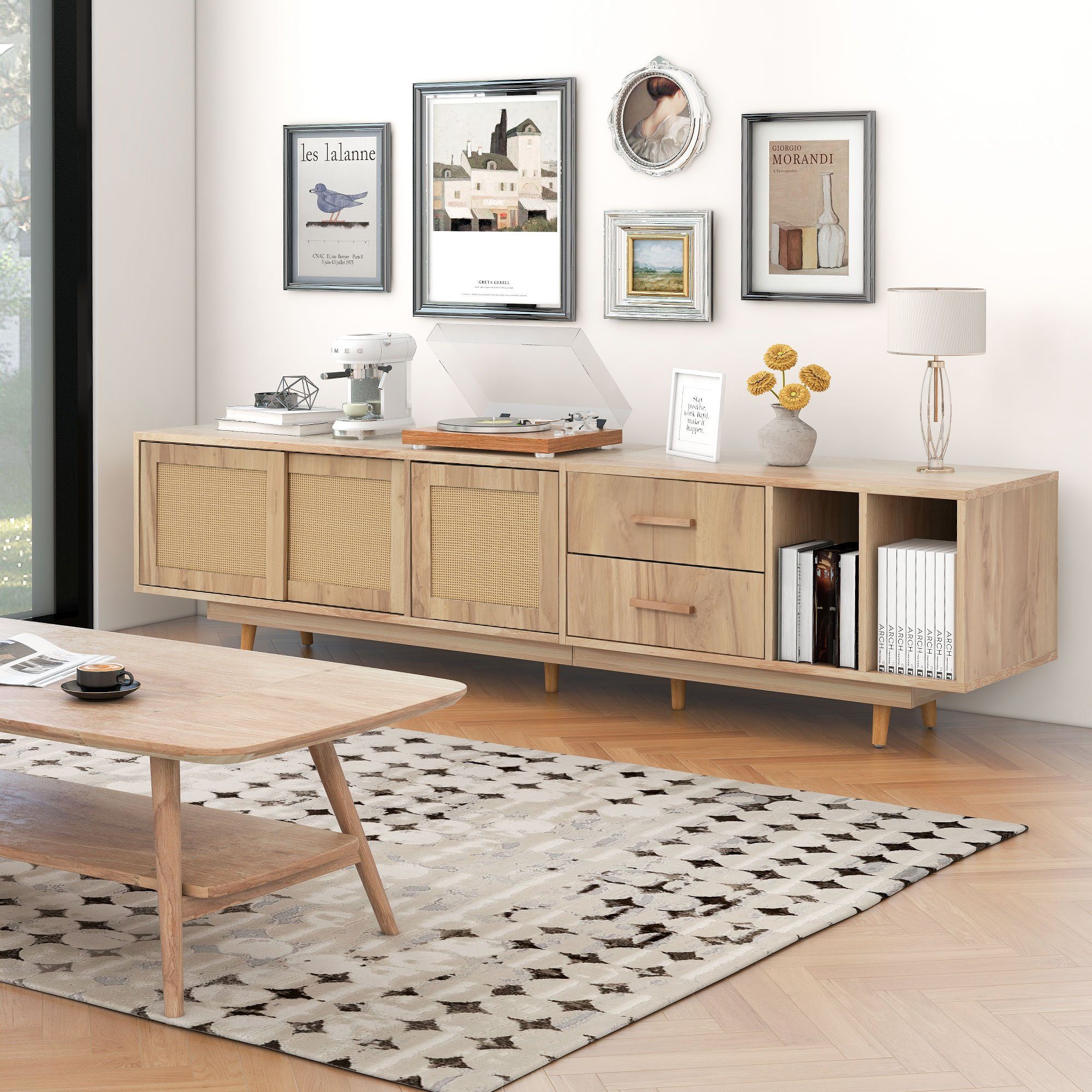 Odikalo TV-Board TV-Ständer Lowboard Sideboard Lagerschrank TV-Schrank Oak Rattan Natur