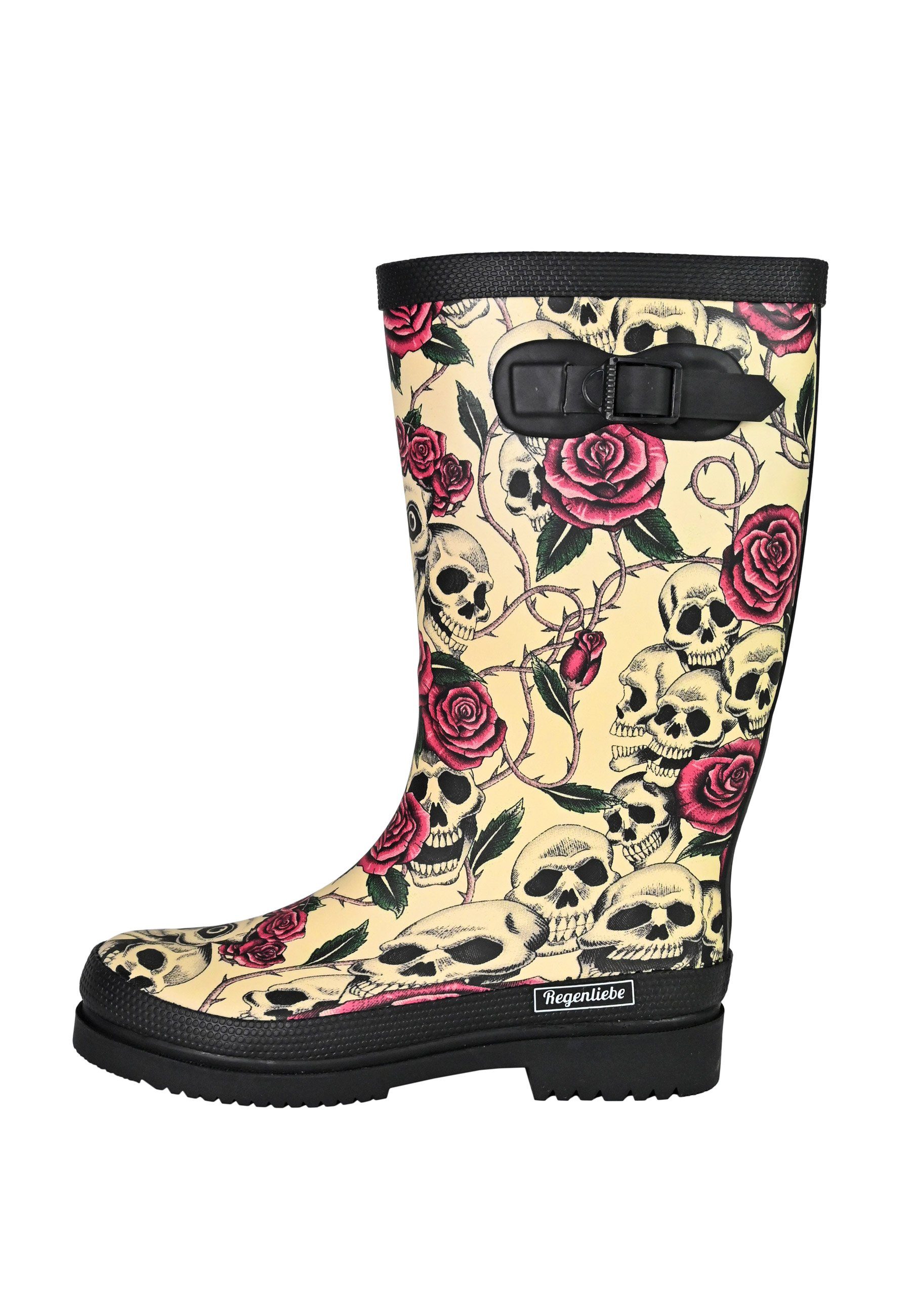 Regenliebe Ghost High Gummistiefel Langschaft Stiefel mit Totenköpfen und roten Rosen