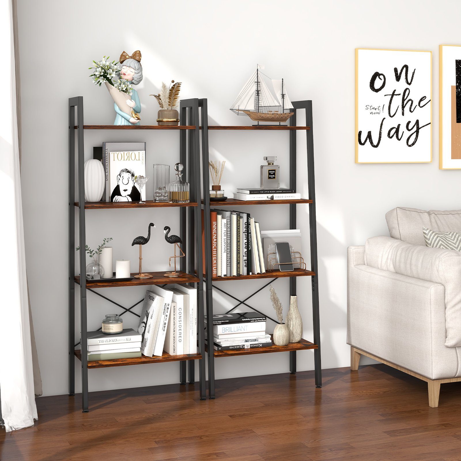 COSTWAY Bücherregal, stehend, 4 Ebenen, Metallrahmen, Kippsicherungen, 138cm