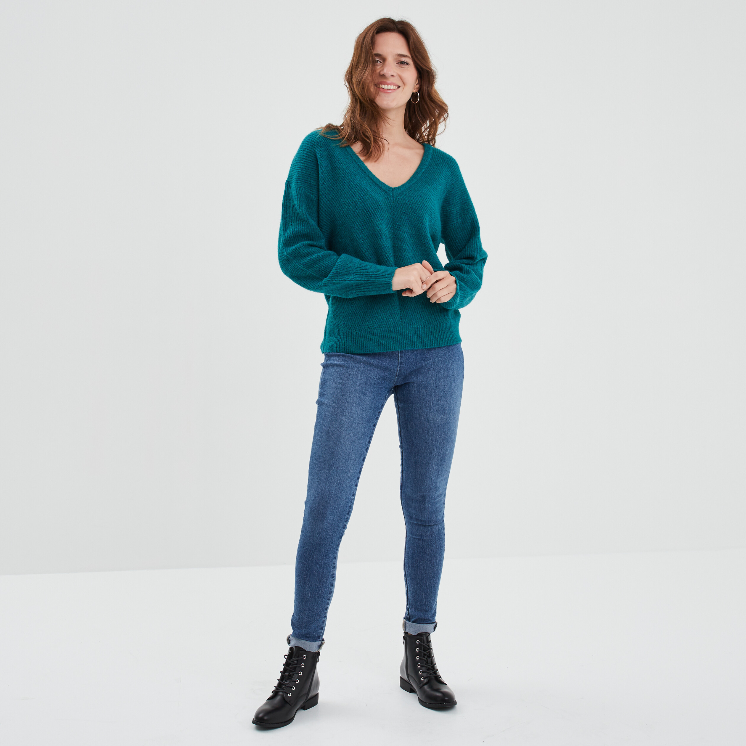 Pull réversible dos col en V bleu canard femme | La Halle