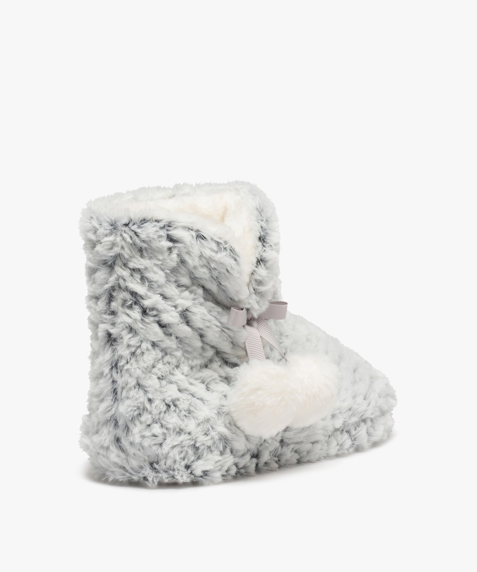 Chaussons boots fourrées avec pompons décoratifs femme gris | GEMO