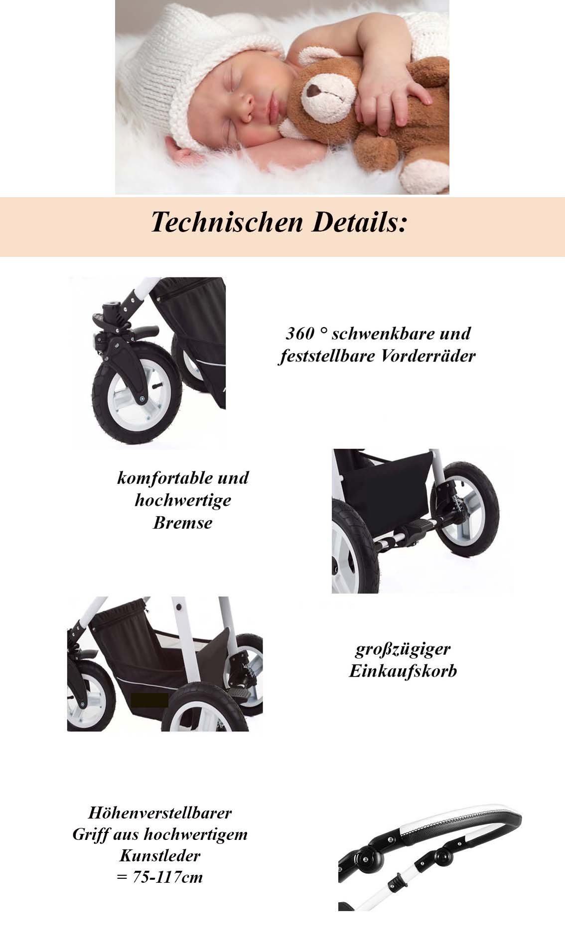 babies-on-wheels Kombi-Kinderwagen 3 in 1 Kinderwagen-Set Cosmo ECO - 16 Teile - in 29 Farben