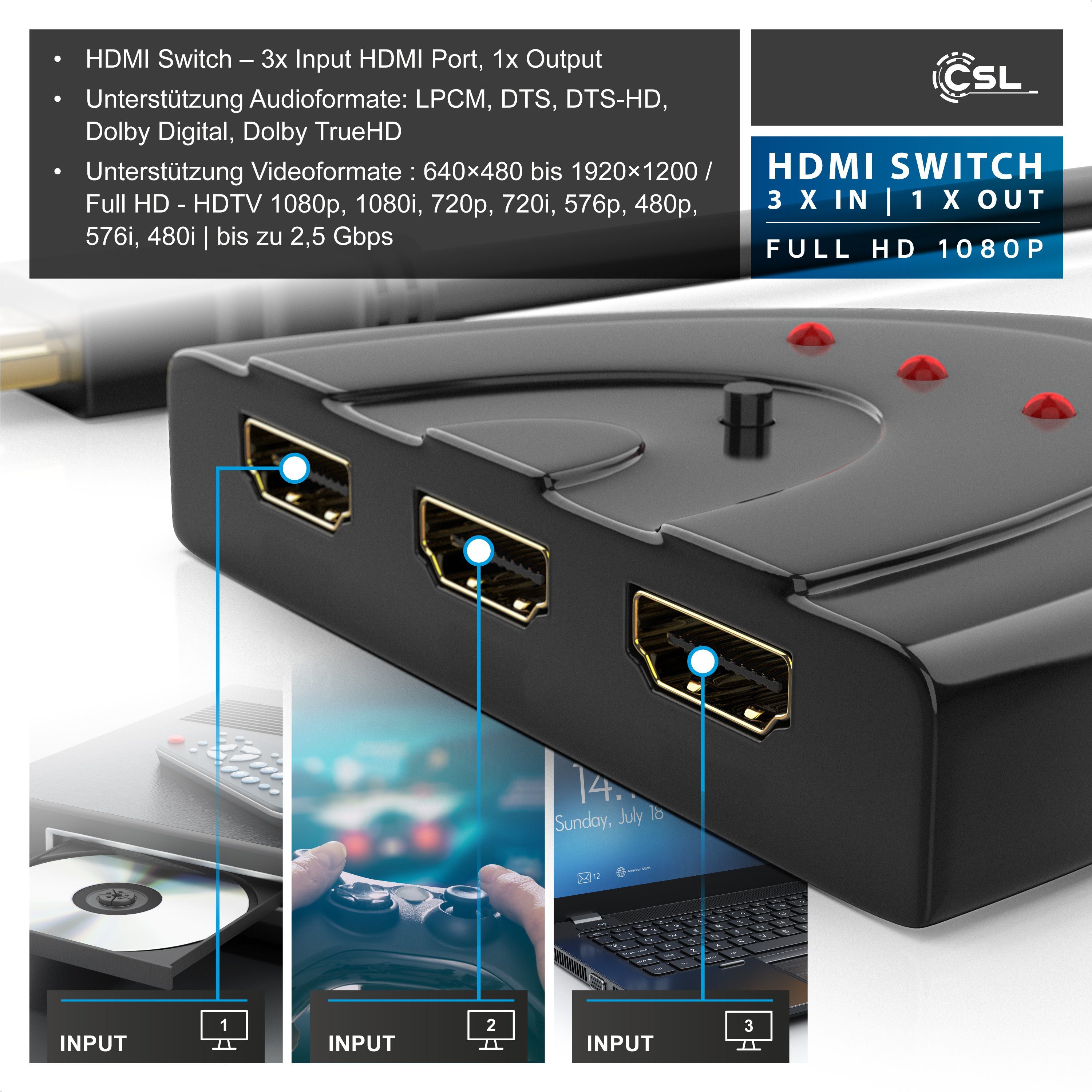 CSL Audio / Video Matrix-Switch, 3-Port Full HDMI Switch, automatische Umschaltung / 3D / HDCP / CEC