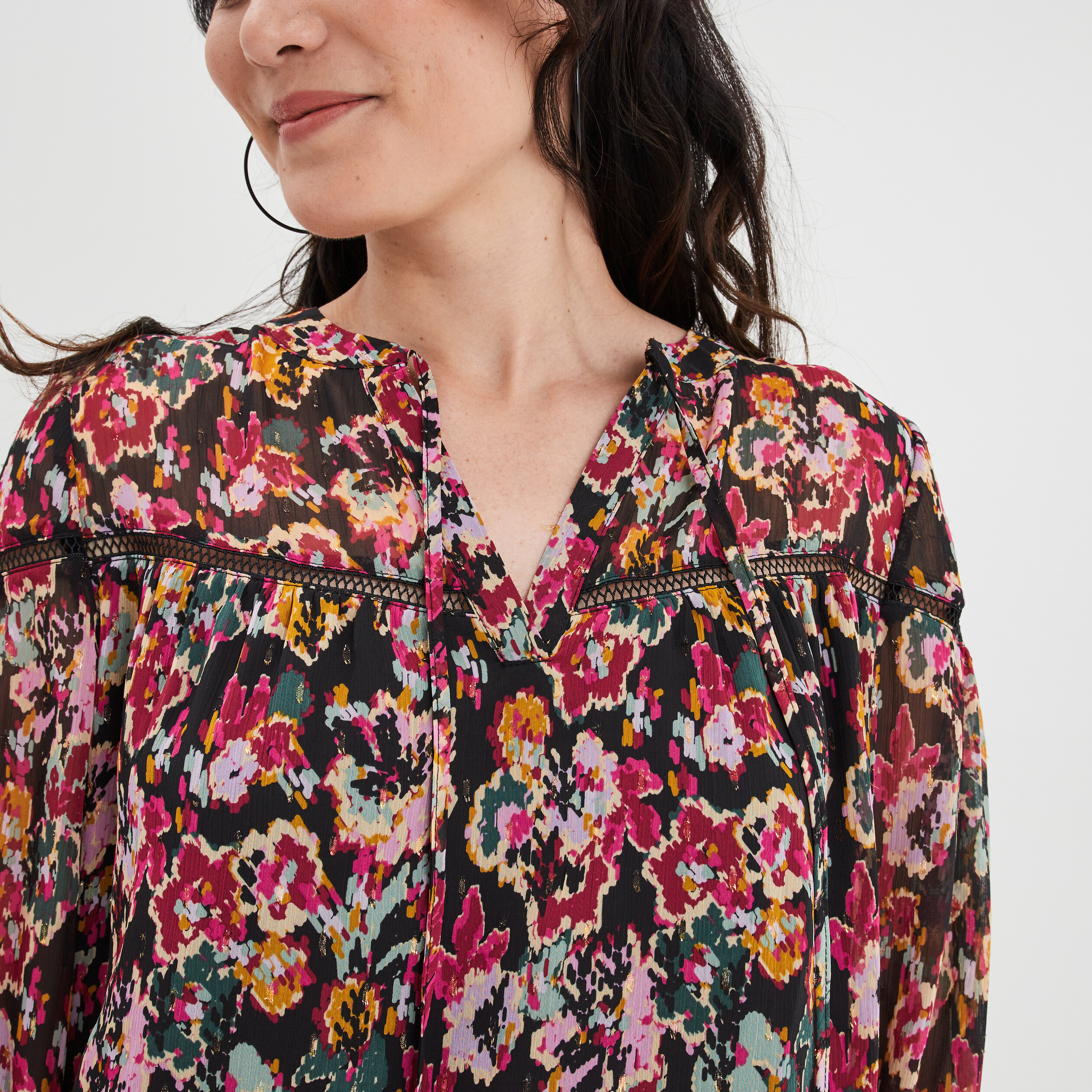 Blouse crêpe col cordons à nouer noir femme | La Halle
