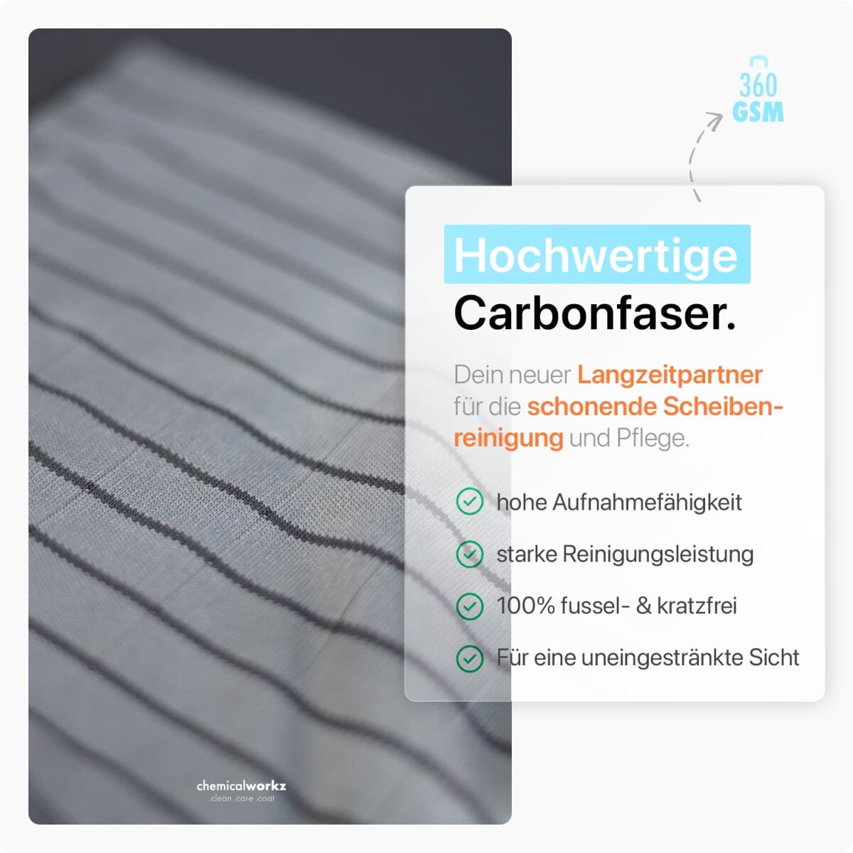 chemicalworkz Carbon Fiber Glass Towel Premium Glastuch 360GSM 40×40 5Stk.   Glasreiniger 1L