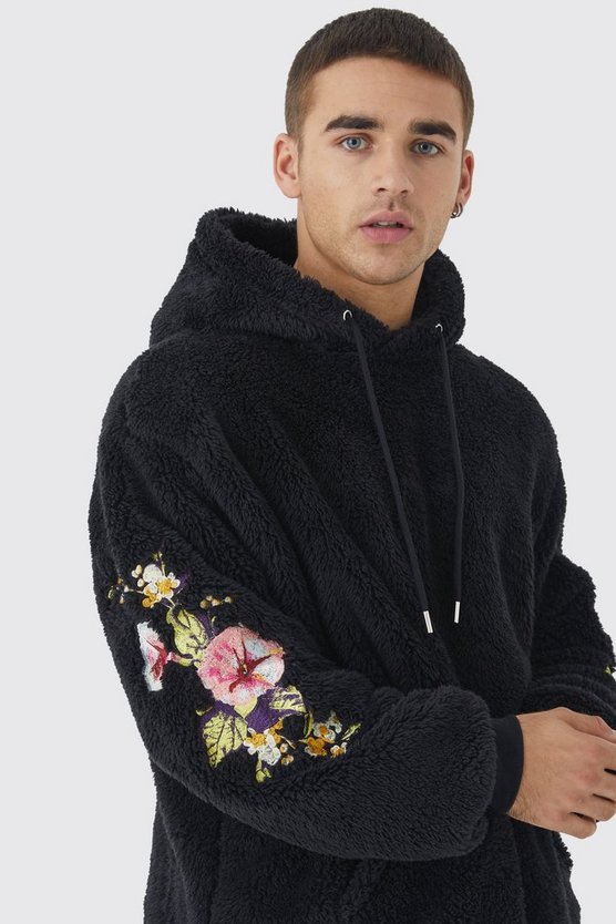Oversize Borg-Hoodie mit Blumen-Stickerei