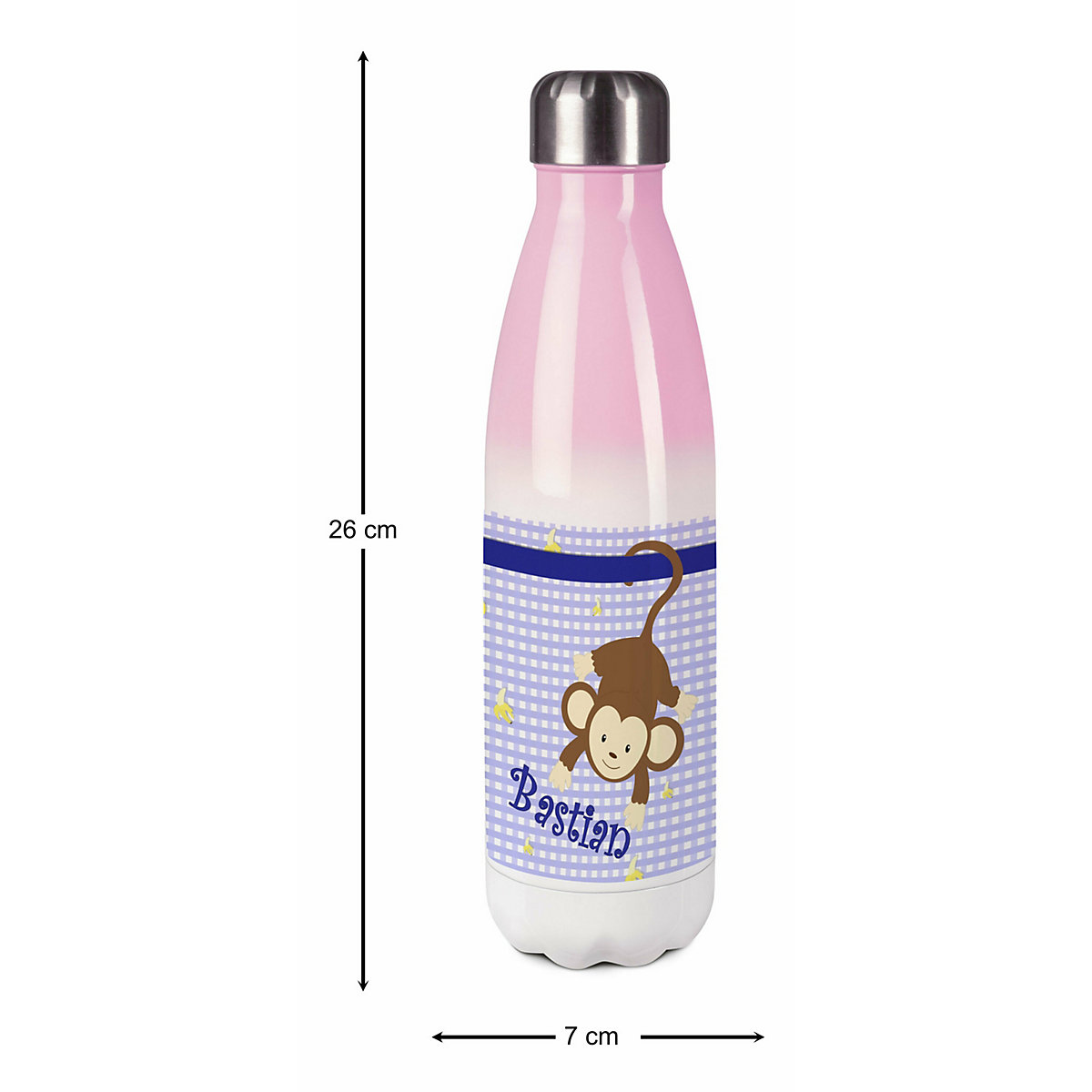 Edelstahl Kinder Thermoflasche / Trinkflasche bunt Affe hängend Farbe blau Spülmaschinenfest, Auslaufsicher, Bruchfest, Doppelwandig, Für Heißgetränke geeignet, Mit Deckel, Isoliert