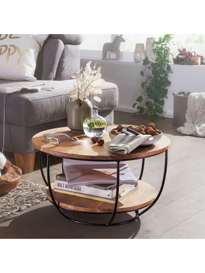 KADIMA DESIGN Couchtisch | Akazie/Metall, Rund, Ablage, Loft-Style günstig kaufen onesize