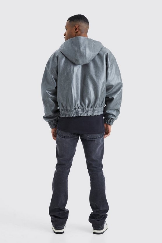 Kastige PU-Bomberjacke mit Kapuze