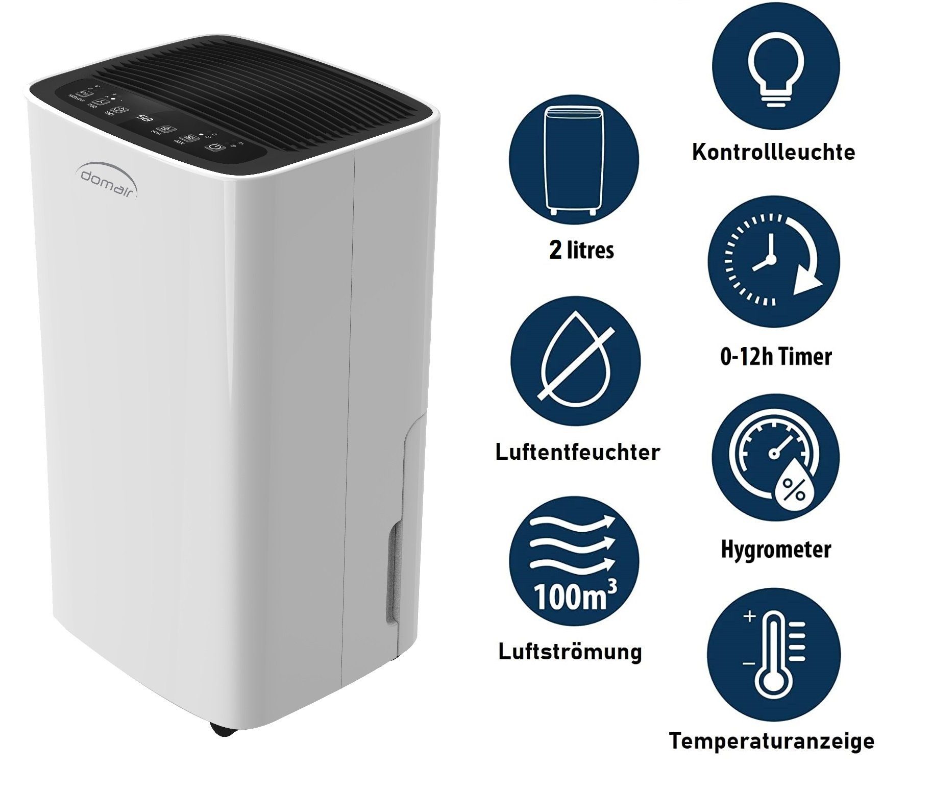 JUNG Luftentfeuchter DOMAIR Luftentfeuchter elektrisch 185W, Raumentfeuchter leise, für 200 m³ Räume, Entfeuchtung 12,00 l/Tag, Tank 2,00 l, Raumluft Entfeuchter, Extra leise gegen Schimmel, zu Hause entfeuchten