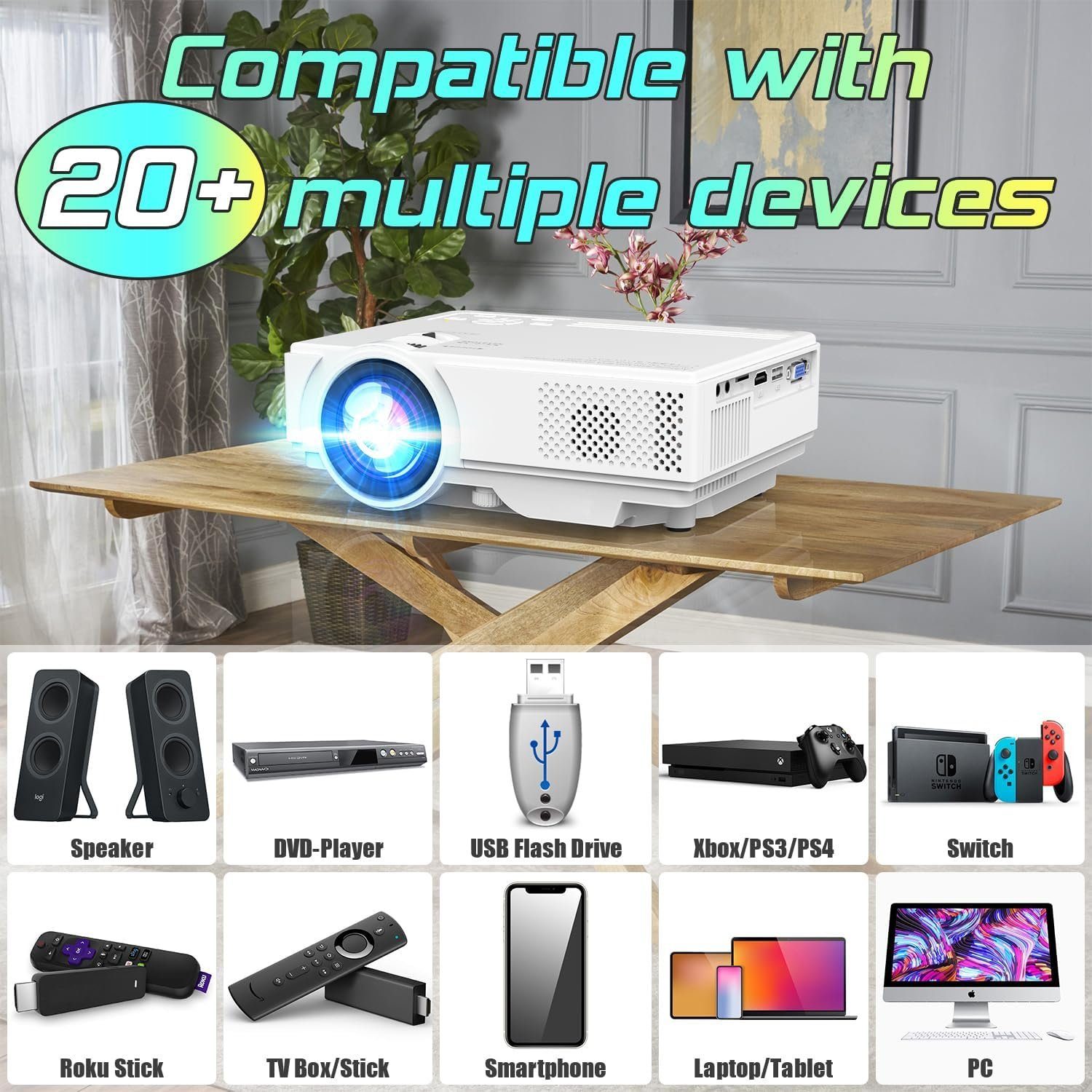 YOOYAA Full HD Unterstützt, Video Portabler Projektor (8500 lm, 1920 x 1080 px, Heimkino Beamer für Handy Phone, Tablet/Laptop/PC/TV-Box, HDMI, USB)