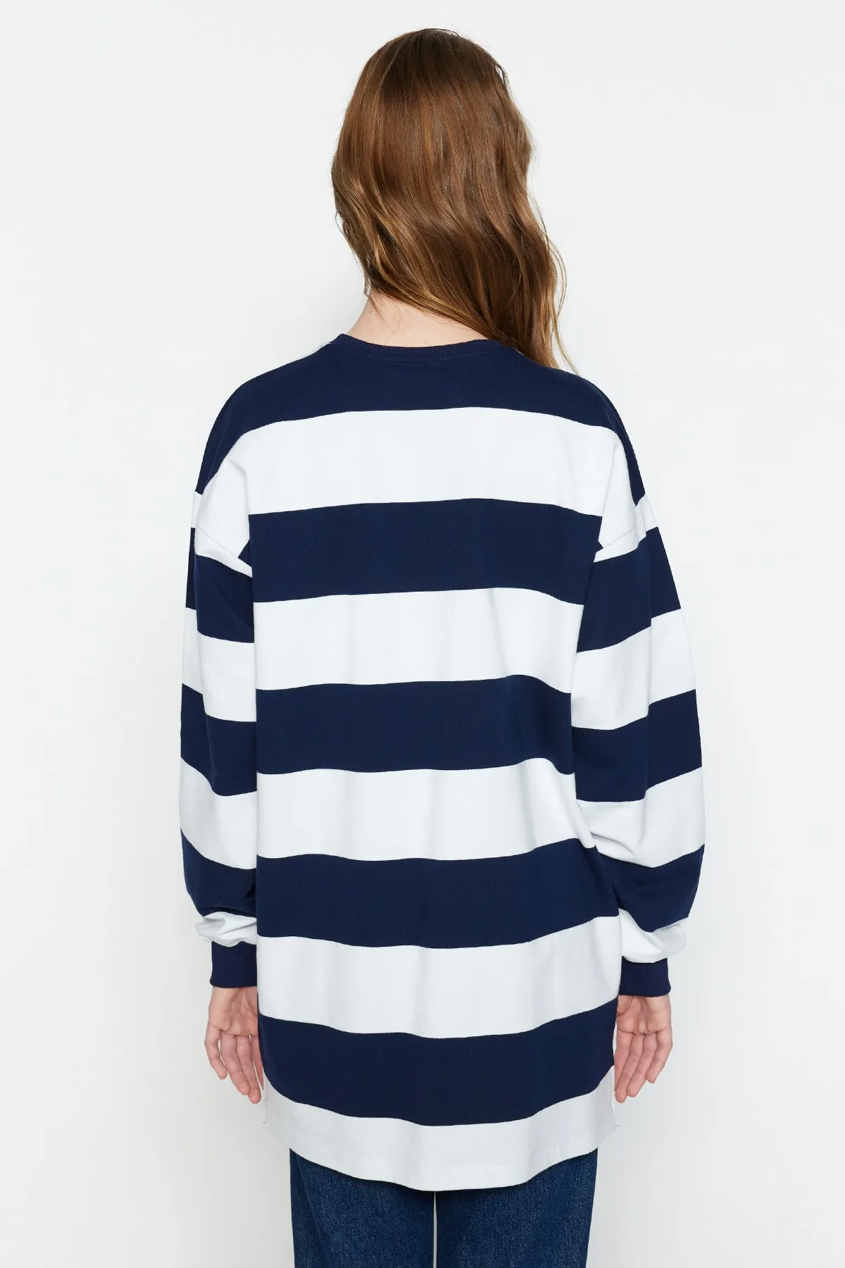 Trendyol Modest  Marineblaue gestreifte bedruckte Stricktunika TCTSS23UK00041