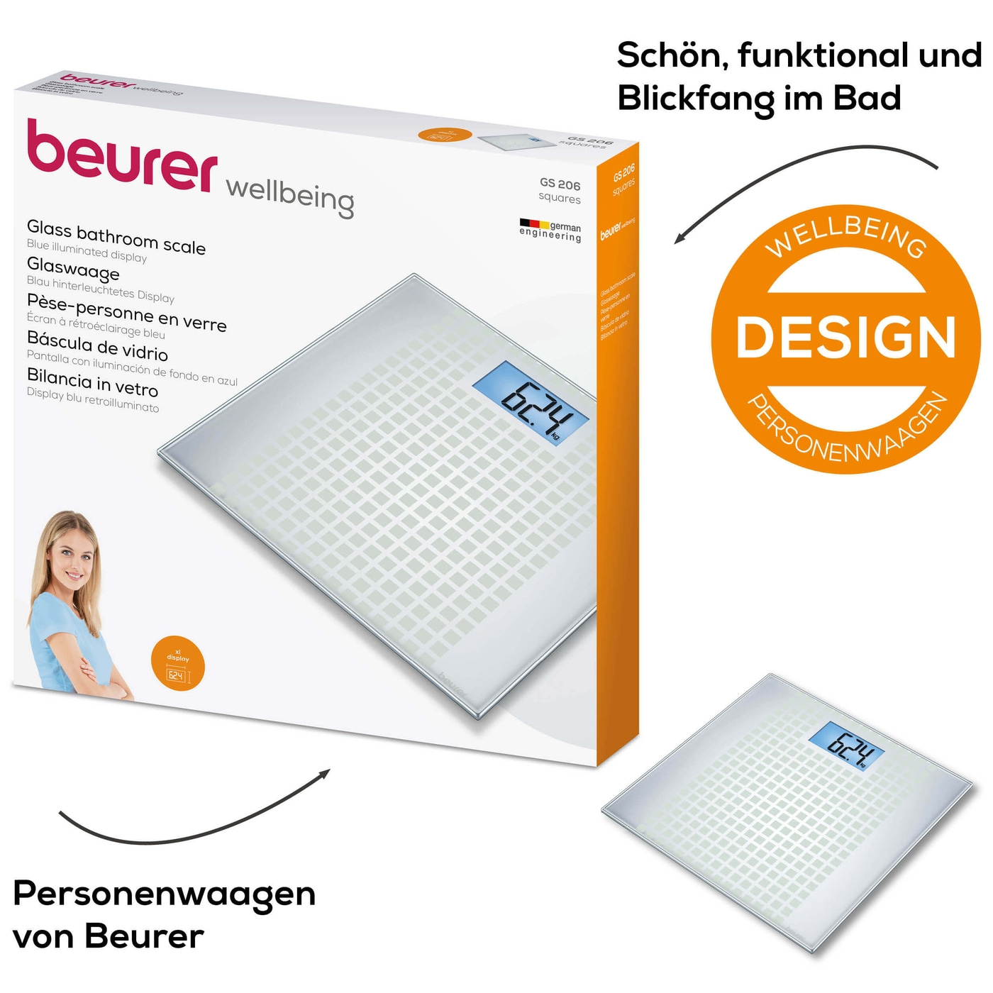 Beurer Glaswaage - GS 206 Squares-Personenwaage aus Glas mit beleuchtetem XL-Display - bis 150 kg