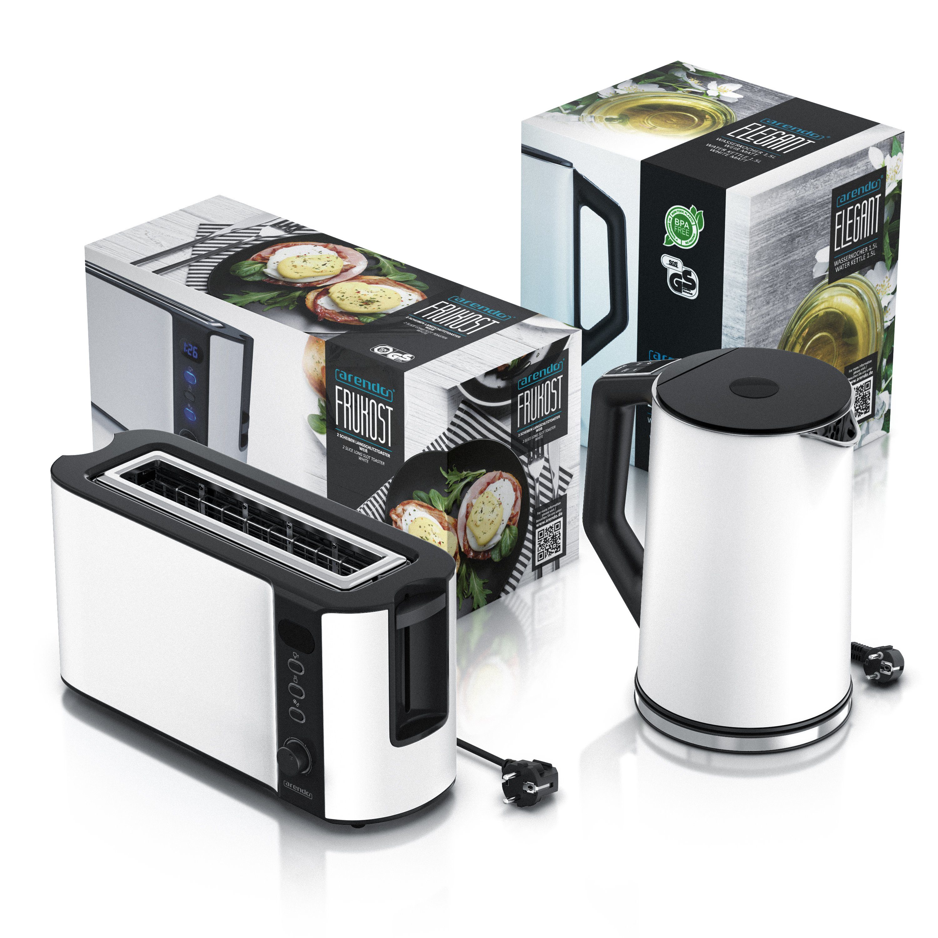 Arendo Frühstücks-Set (2-tlg), Wasserkocher 1,5l & 2-Scheiben Langschlitz Toaster, Edelstahl, Weiß