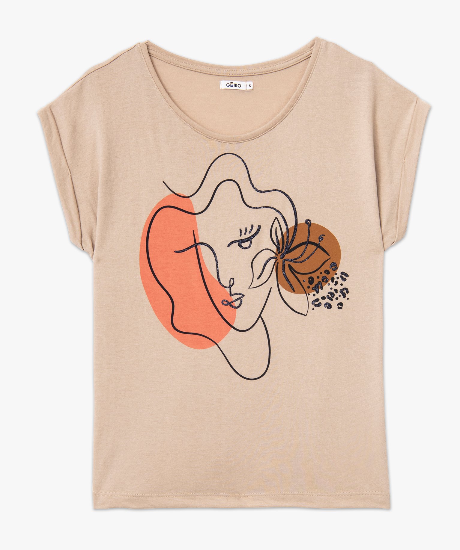 Tee-shirt à manches courtes avec motif fleuri femme beige | GEMO