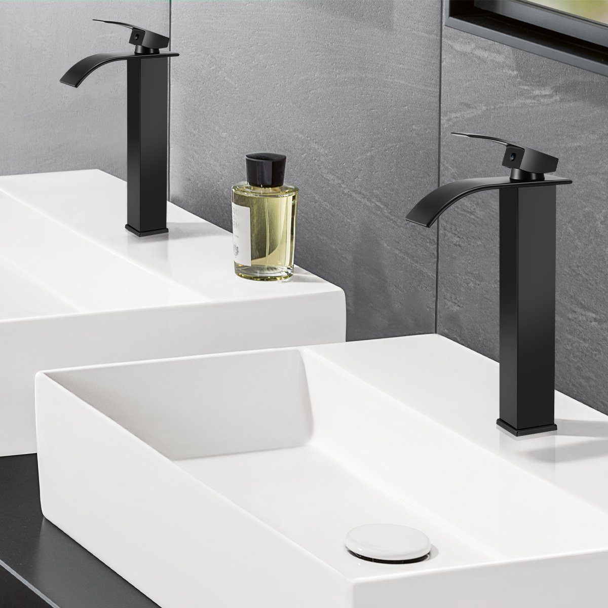 LETGOSPT Waschtischarmatur Waschtischarmatur, Wasserhahn Bad mit Auslauf Höhe 20cm, mit Zugstange Badarmatur wassersparend, Matt-Schwarz Edelstahl 304