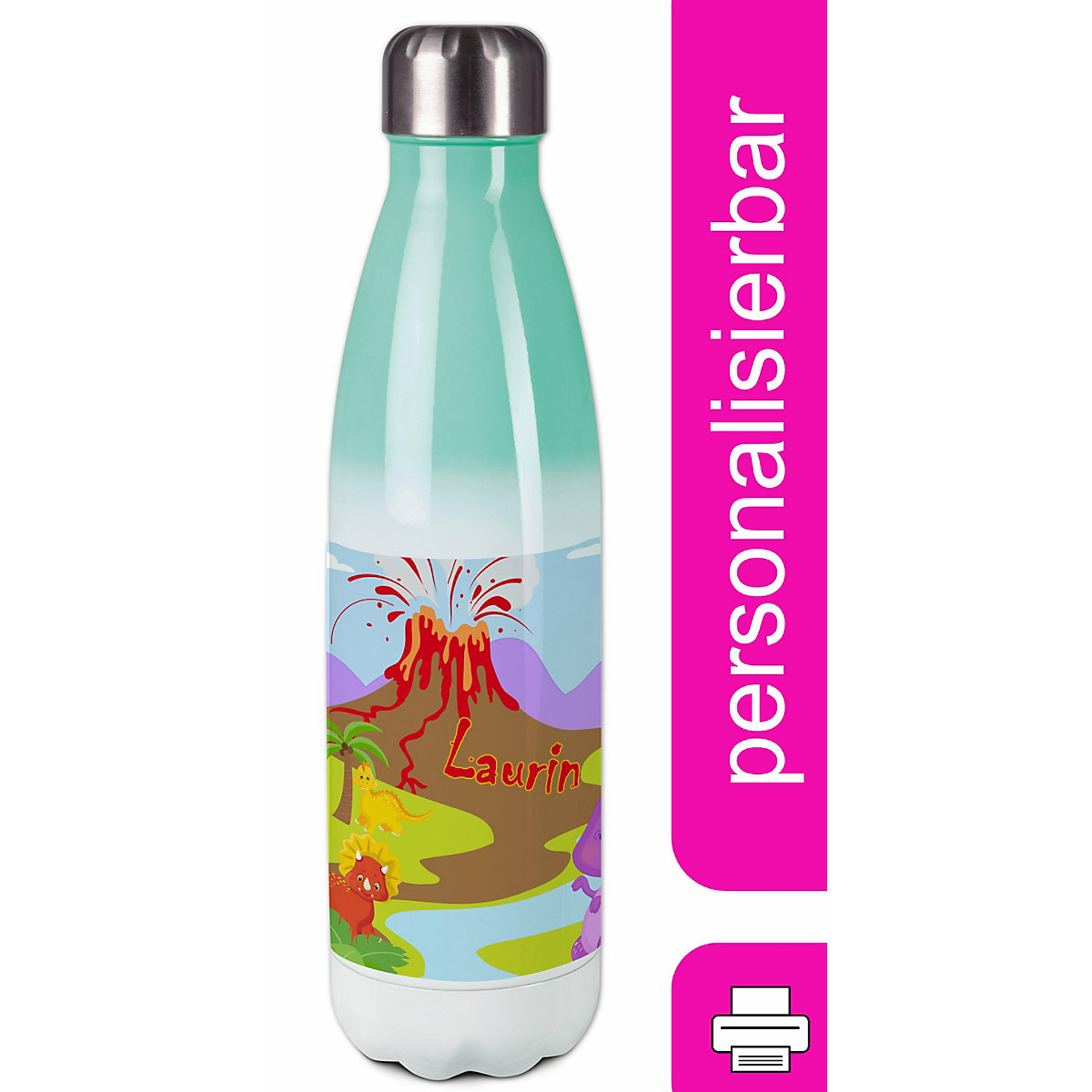 Edelstahl Kinder Thermoflasche / Trinkflasche bunt Dino Spülmaschinenfest, Auslaufsicher, Bruchfest, Doppelwandig, Für Heißgetränke geeignet, Mit Deckel, Isoliert