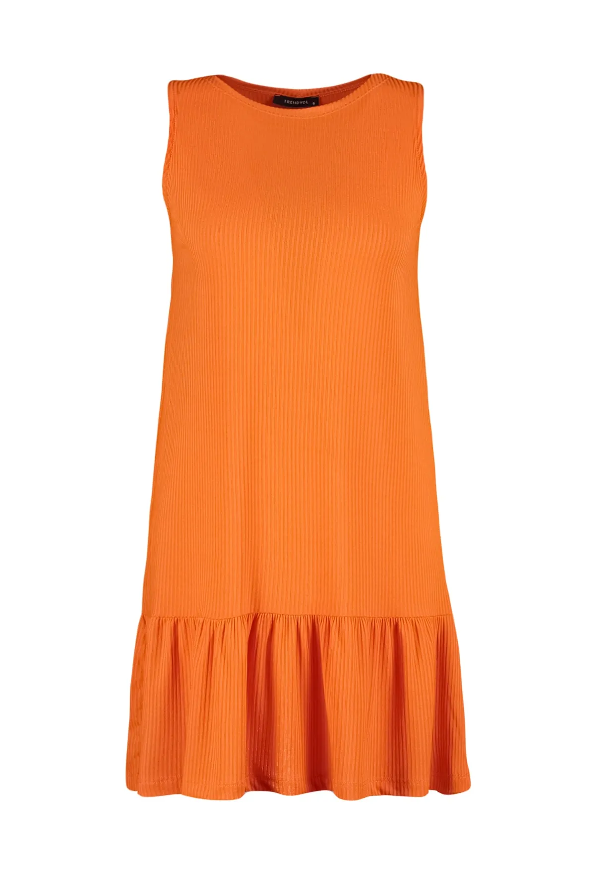 Trendyol Collection  Orangefarbenes Etuikleid mit Volants und geradem, geripptem Mini-Strickkleid mit Nullärmeln TWOSS22EL0794