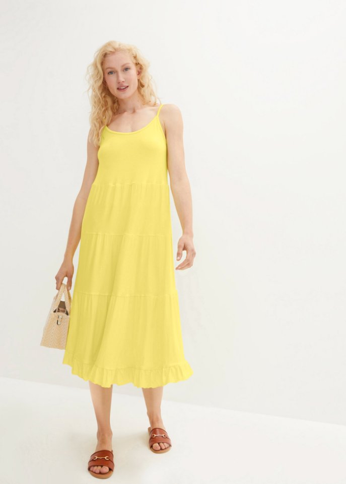 Shirtkleid mit Volants und verstellbaren Spaghetti-Trägern in Midi-Länge, A-Line