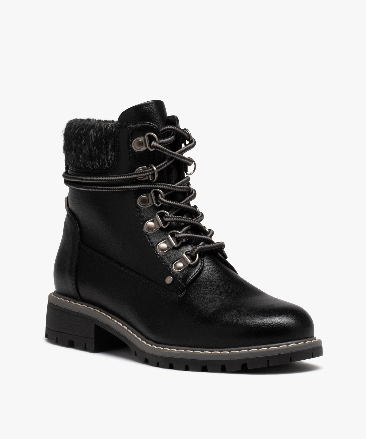 Boots femme unies avec col en maille et lacets de montagne noir | GEMO