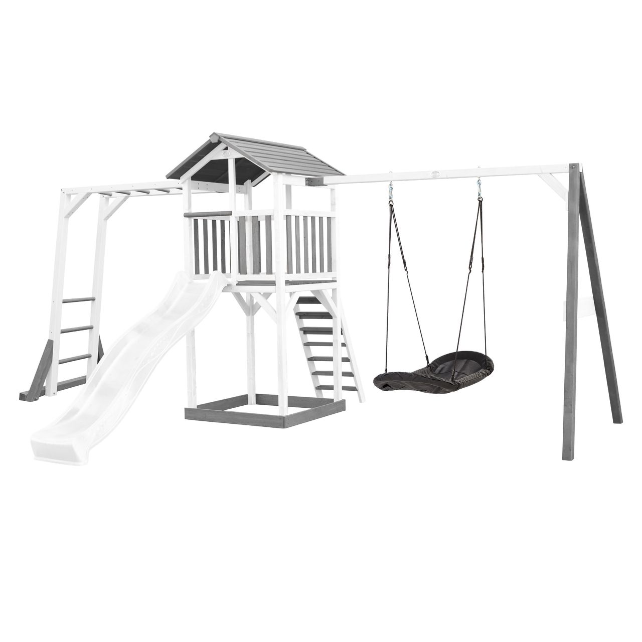 AXI Beach Tower Spielturm mit Klettergerüst und Roxy Nestschaukel - Weiße Rutsche
