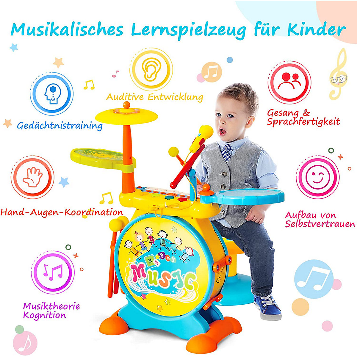 E Trommel mit Keyboard mit Hocker & Mikrofon & LED