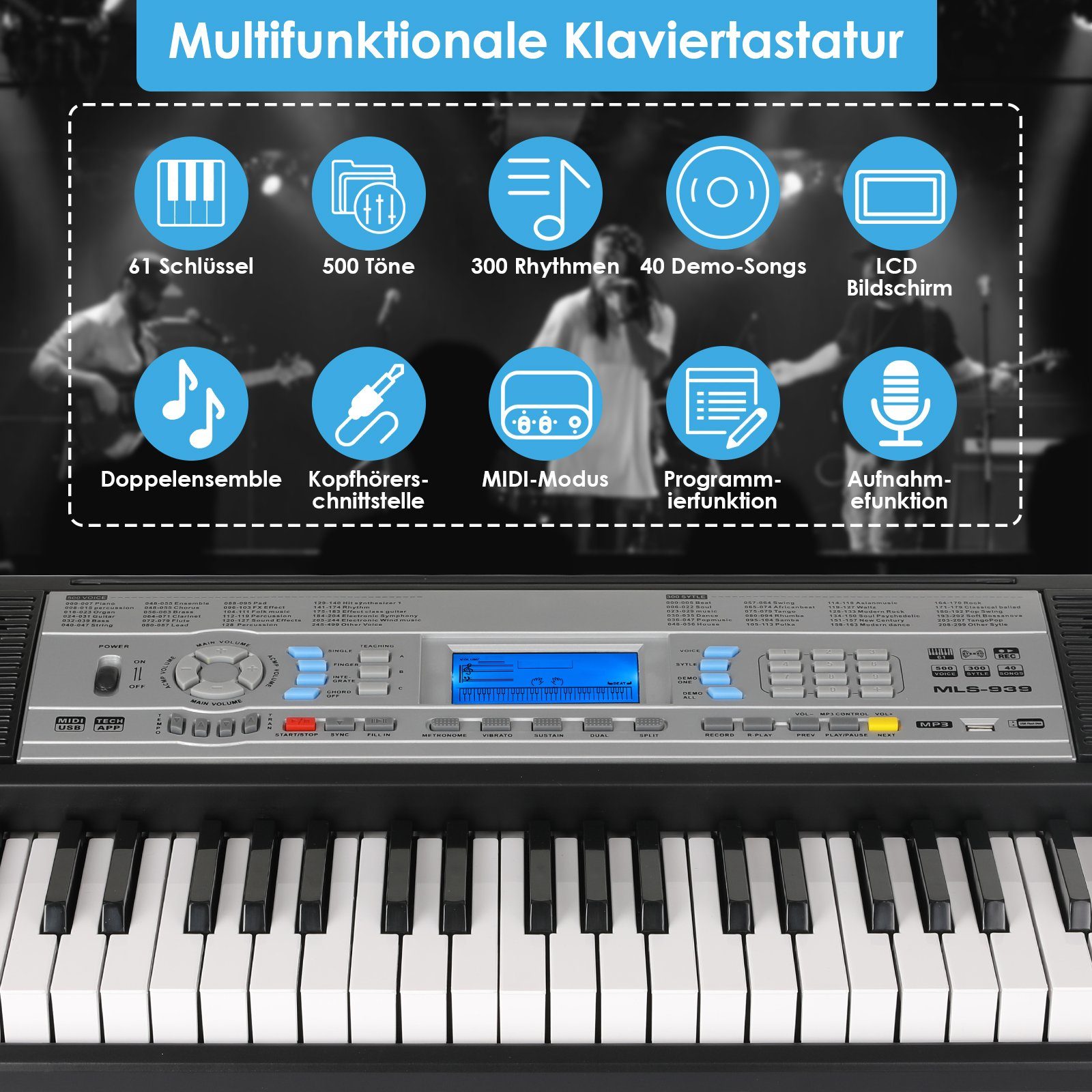 TLGREEN Digitalpiano Keyboard Piano Digital Klavier 61 Tasten, E-Piano Tastatur, Automatische Bassakkorde: Einzelfinger/Mehrfinger/Synthetik/Akkord