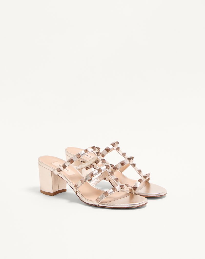 Sandália Rockstud Slider em couro de bezerro metalizado 60mm