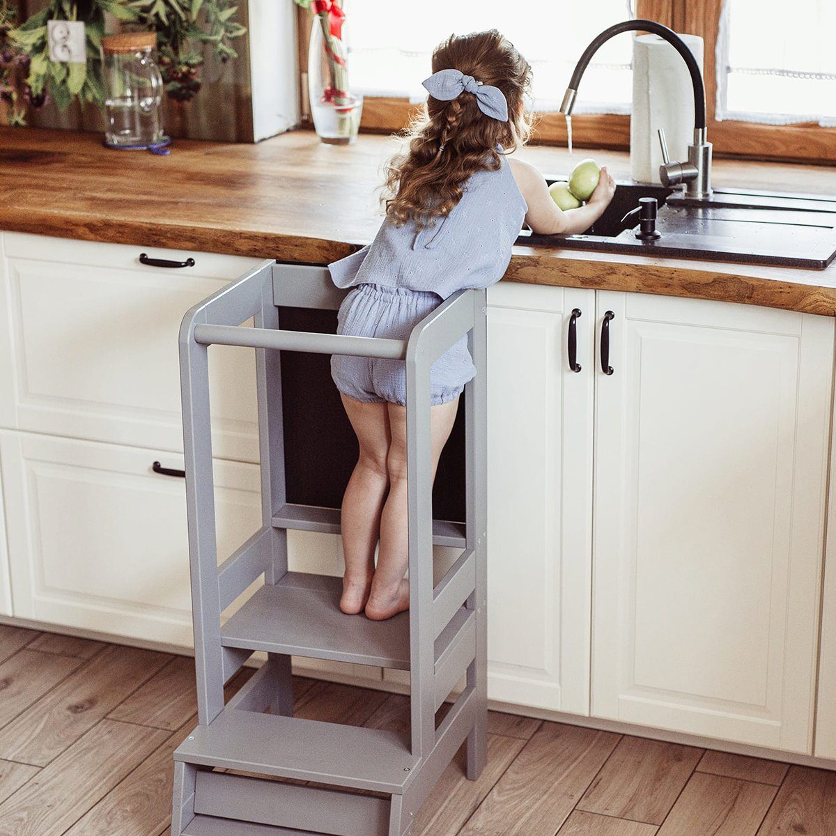 MeowBaby Stehhilfe Lernturm für Kinder Montessori Lernstuhl mit Kreidetafel Dunkelgrau (1 St), Kinderhocker, Höhenverstellbar, Abgerundete Ecken & Kanten