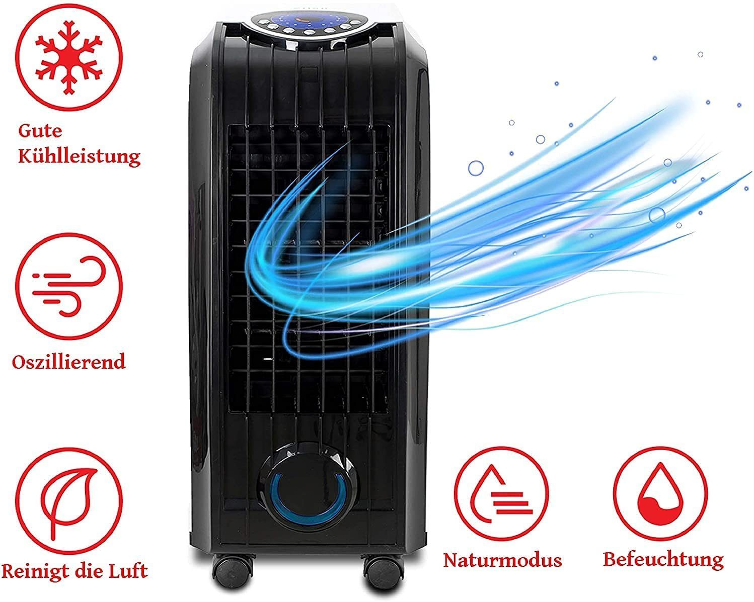 JUNG Ventilatorkombigerät CAMRY mobiles Klimagerät ohne Abluftschlauch, Wasserkühlung, Fernbed, Aircooler, Aircondition, 80W, Luftkühler, leise, Ventilator Kühler