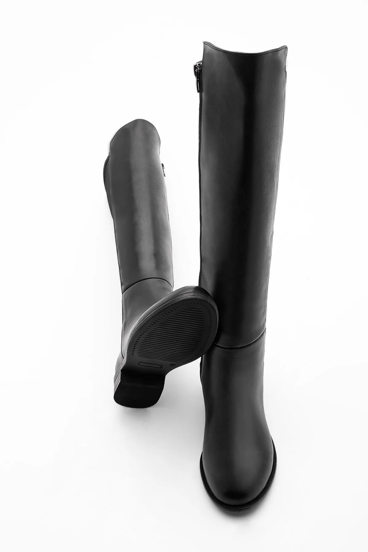 Marjin  Damen Stiefeletten aus echtem Leder mit Stretchanteil, elastisch, kniehoch, Reißverschluss, Zolen Schwarz
