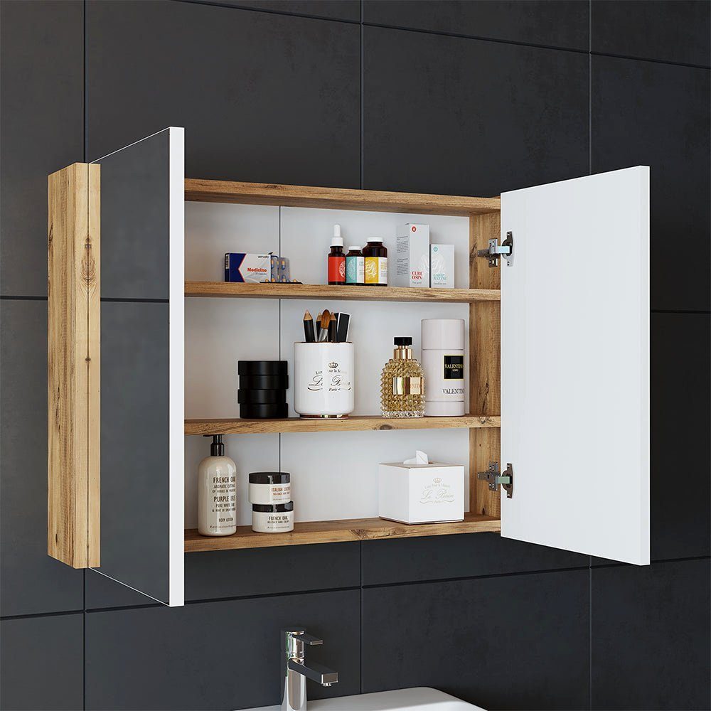 Roomart Badmöbel-Set, (Badmöbel Set 3-teilig 100cm Unterschrank mit Waschbecken Spiegelscrank)