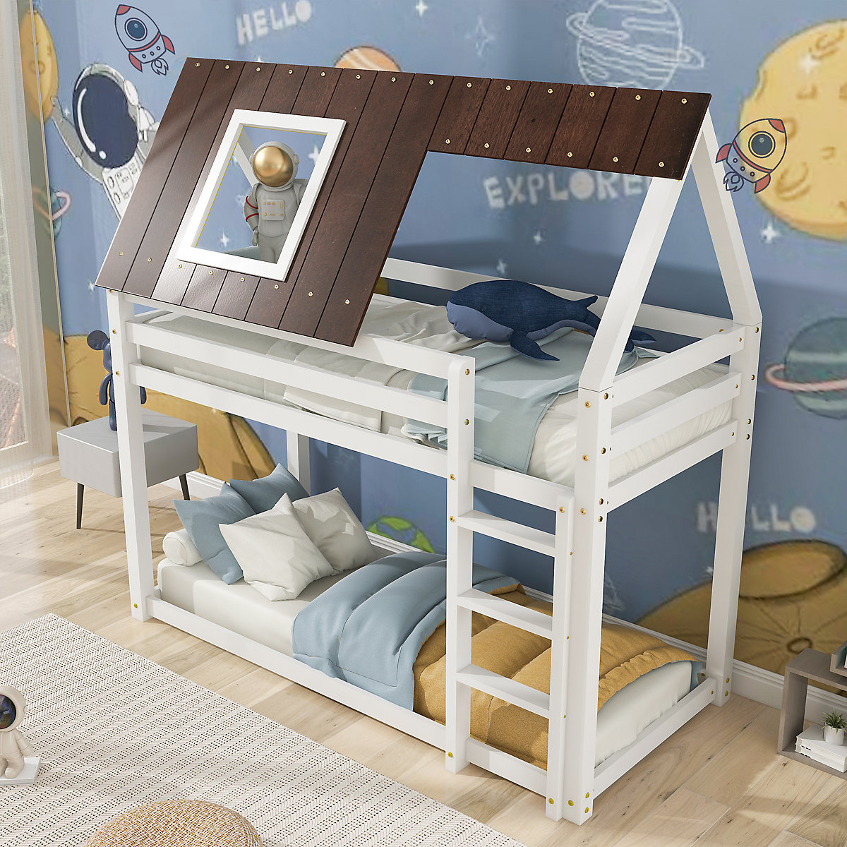 Hausbett Etagenbett mit rechtwinkliger Leiter und Fallschutz, aus Kiefernholz