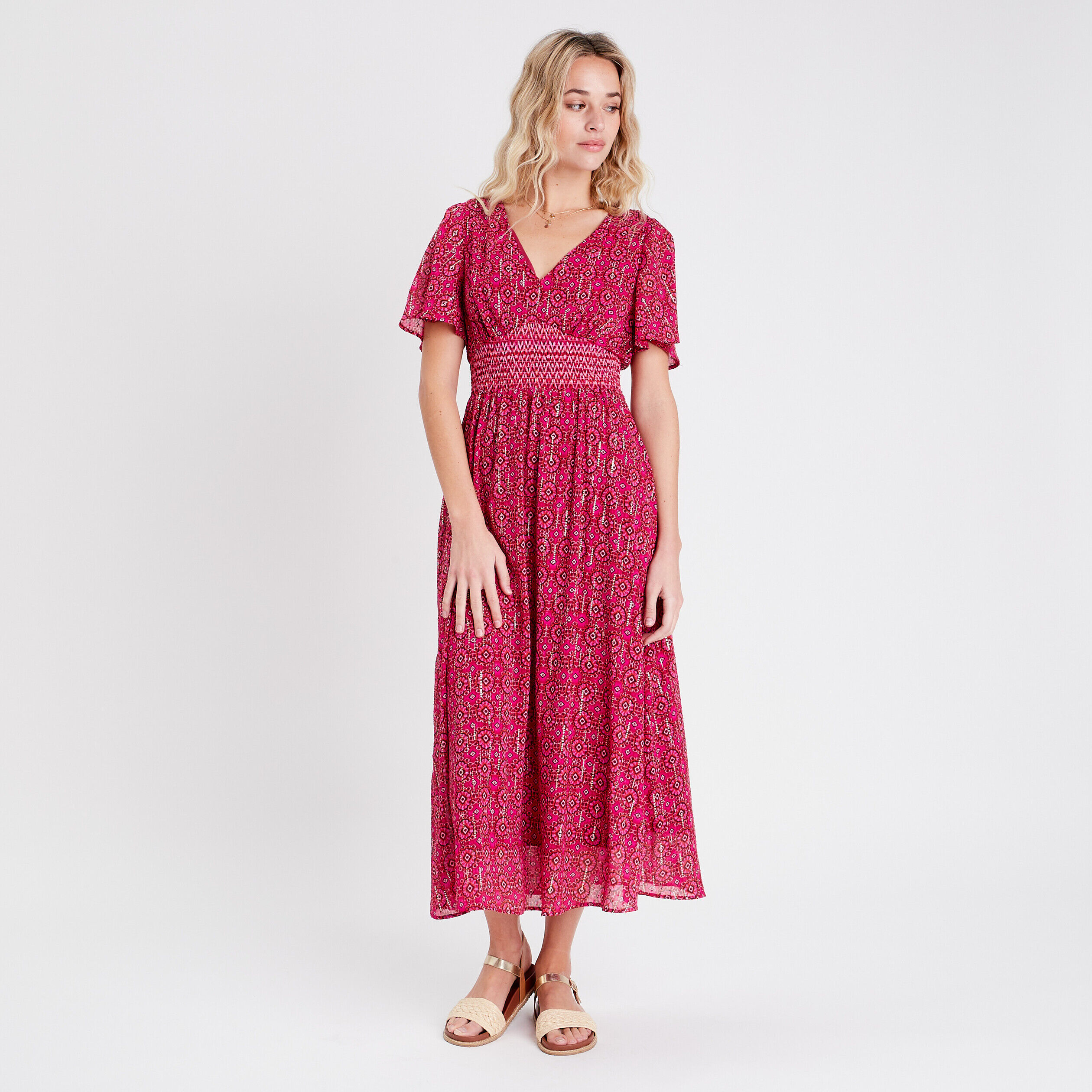 Robe évasée avec manches courtes rose femme | Cache Cache