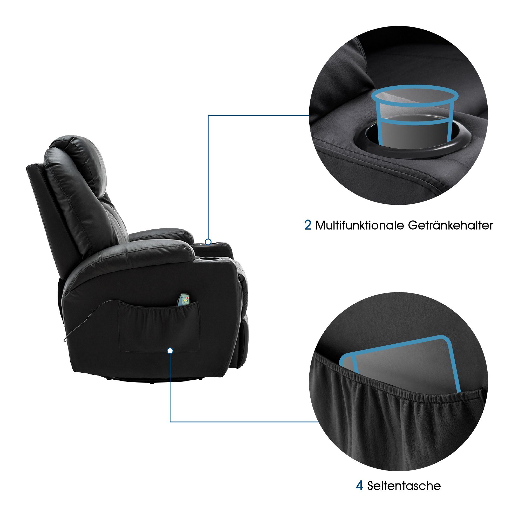 MCombo Relaxsessel MCombo manuell Massagesessel TV-Sessel Relaxsessel 7020, manuell, mit Heizung, 360° drehbar und schwenkbar, 100 × 92 × 109 cm