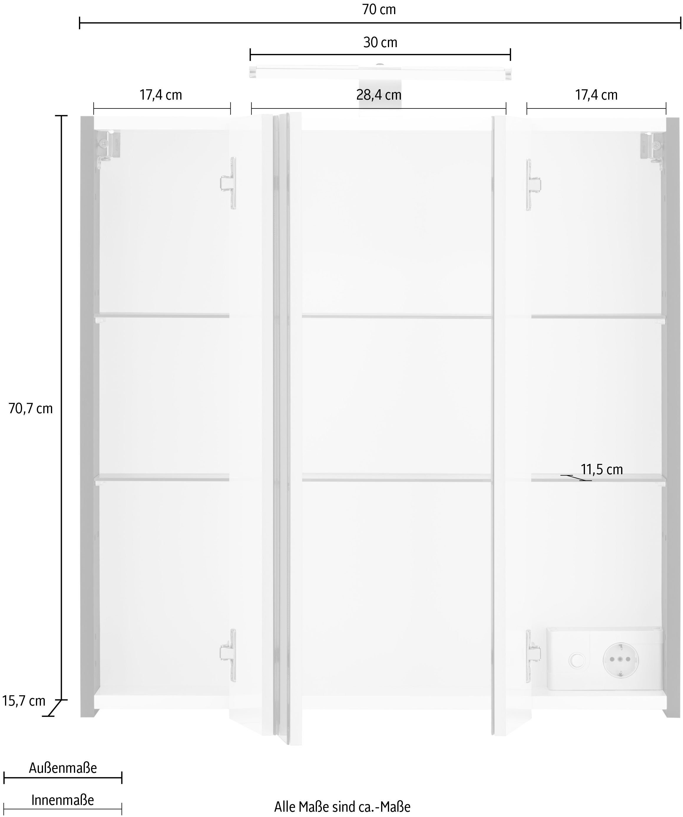 Schildmeyer Spiegelschrank Lagona Breite 70 cm, 3-türig, LED-Beleuchtung, Schalter-/Steckdosenbox