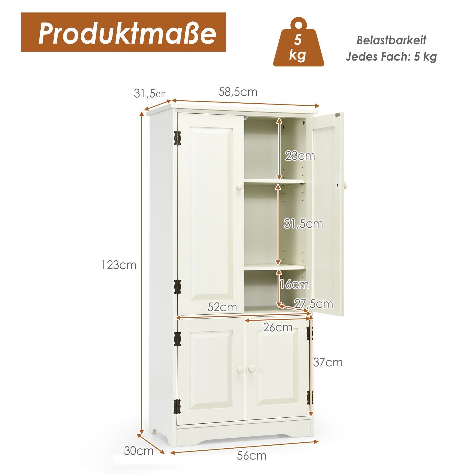 COSTWAY Mehrzweckschrank mit Türen&verstellbarem Regal, Holz, 58,5x31,5x123cm