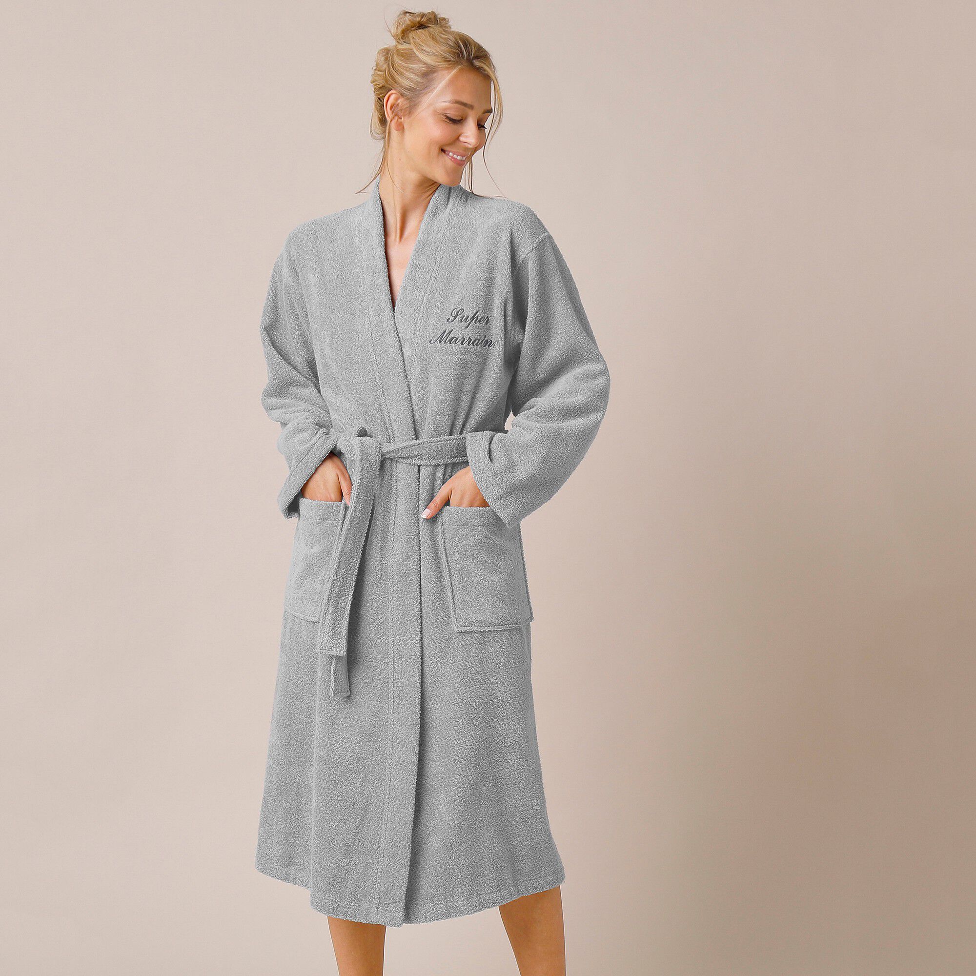 Peignoir mixte adulte uni coton éponge bouclette col kimono personnalisé