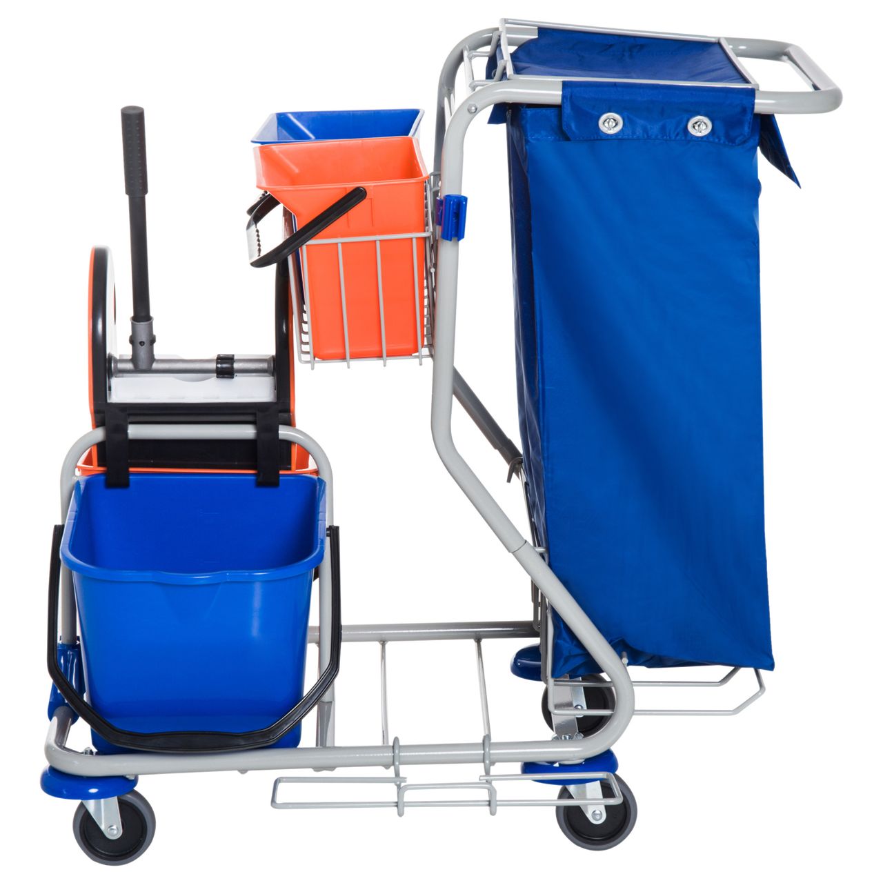 HOMCOM Putzwagen Reinigungswagen 4 Fahreimer Wischwagen Systemwagen mit Rollen Blau Orange 93 x 70 x 97 cm