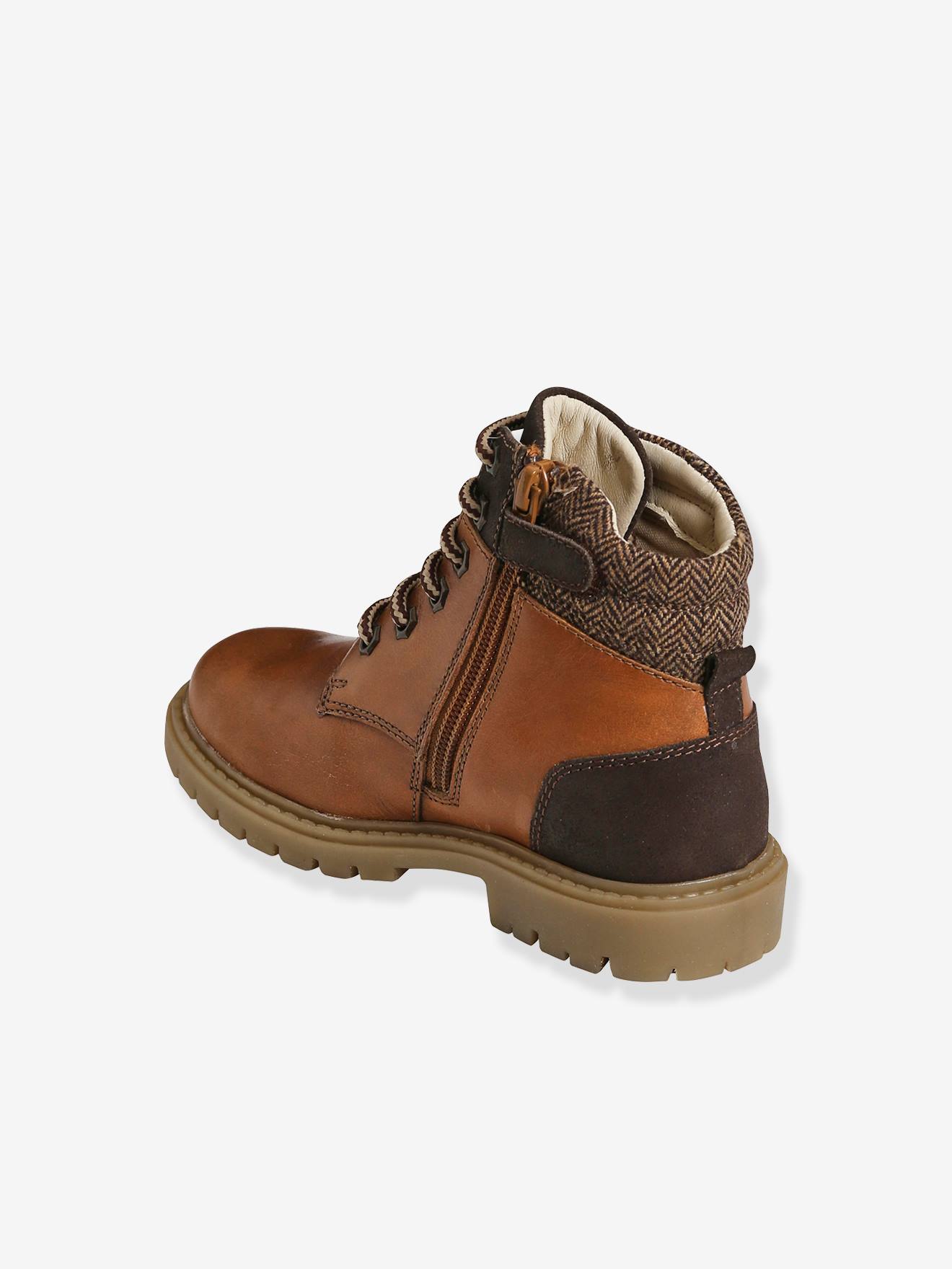 Bottines crantées lacées et zippées cuir garçon marron